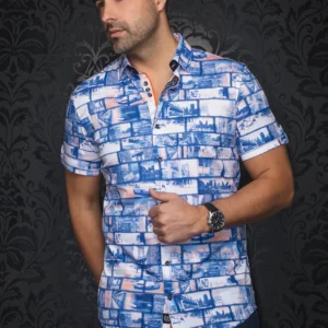 Medford | Blue | Orange | Print | Slim Fit | Short Sleeved Shirt