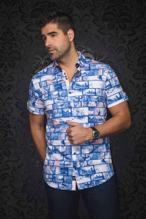 Medford | Blue | Orange | Print | Slim Fit | Short Sleeved Shirt