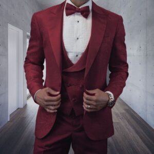 3 Piece | Scarlet Red | Tone on Tone Print | Peak Lapel | Slim Fit Tuxedo