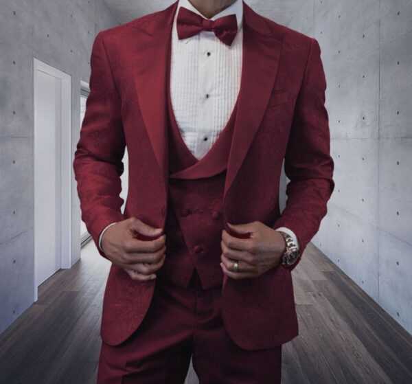 3 Piece | Scarlet Red | Tone on Tone Print | Peak Lapel | Slim Fit Tuxedo