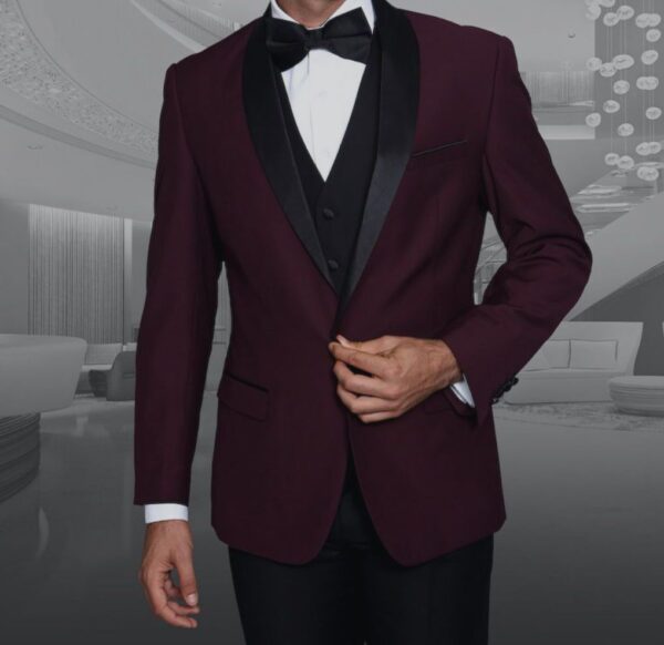 3 Piece | Deep Wine | Black | Shawl Lapel | Slim Fit Tuxedo