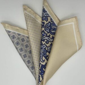 Beige and Navy Print Silk Pocket Square