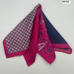 Deep Pink and Navy Print Silk Pocket Square
