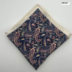 Cream and Navy Print Silk Pocket Square