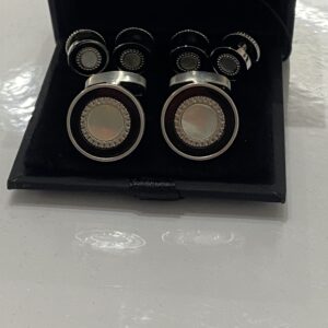 Black | Silver and Mother of Pearl Round Cufflink Stud Set