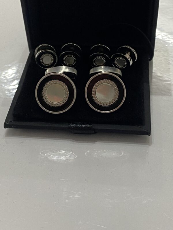Black | Silver and Mother of Pearl Round Cufflink Stud Set