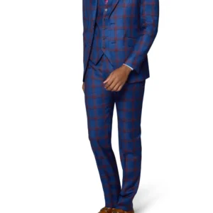 3 Piece | Blue | Burgundy | Window Pane | Peak Lapel | Slim Fit Suit