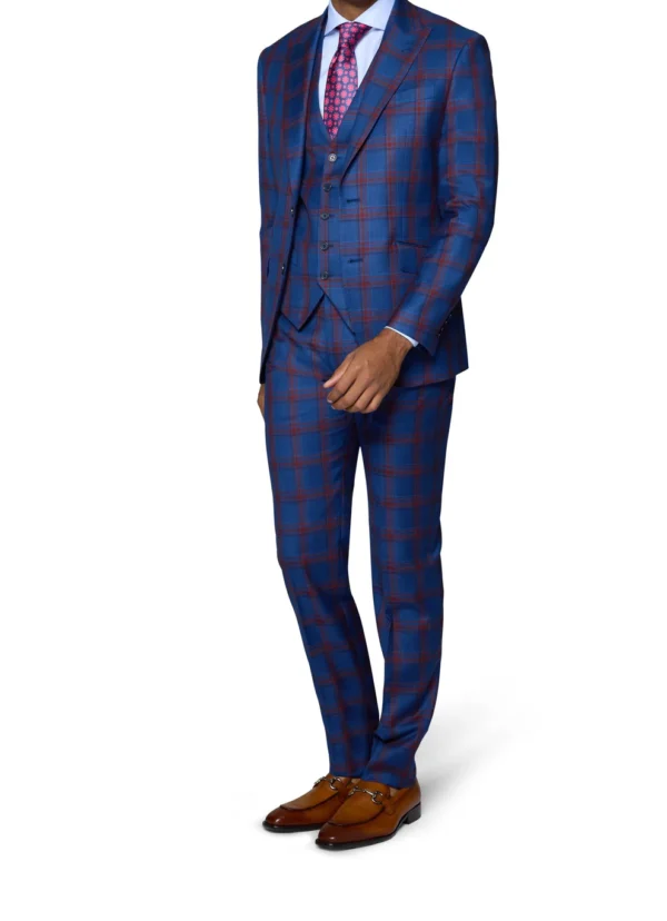 3 Piece | Blue | Burgundy | Window Pane | Peak Lapel | Slim Fit Suit