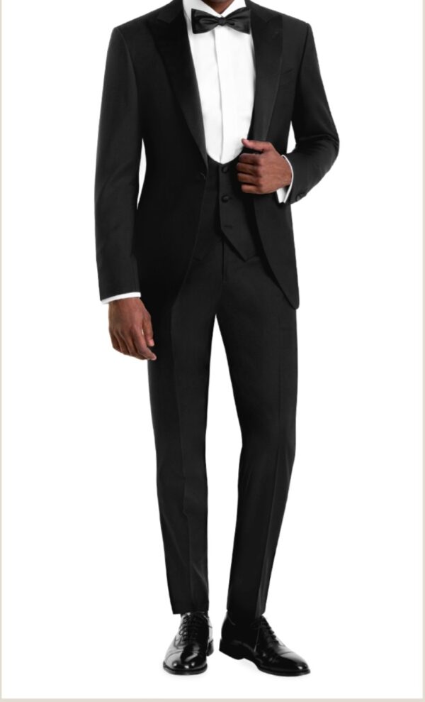 3 Piece | Black | Peak Lapel | Low Cut Vest | Slim Fit Tuxedo