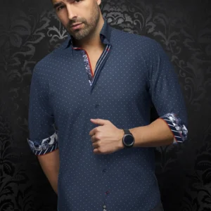 Lanzani | Navy | Pin Dot | Long Sleeved Shirt