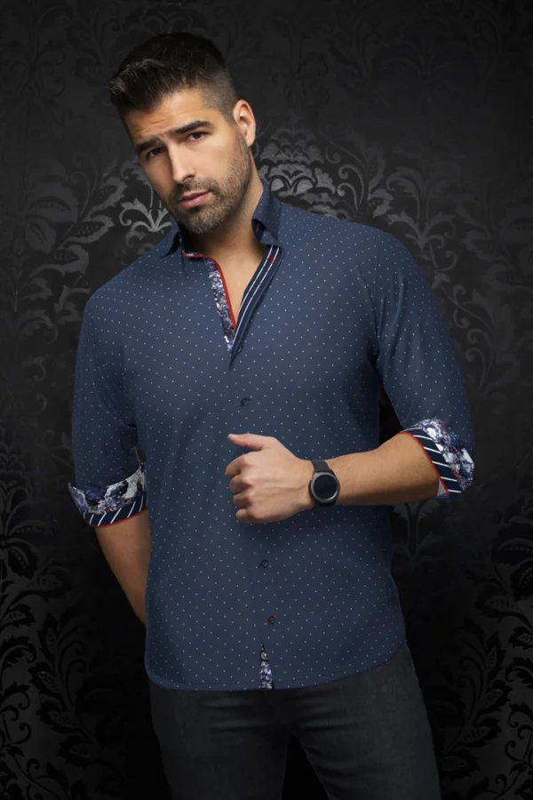 Lanzani | Navy | Pin Dot | Long Sleeved Shirt