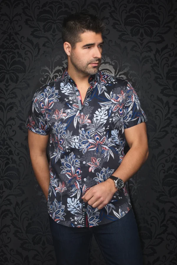 Corrado | Black | Floral Print | Short Sleeved Shirt