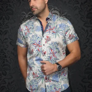 Corrado | Stone| Blue | Floral | Short Sleeved Shirt