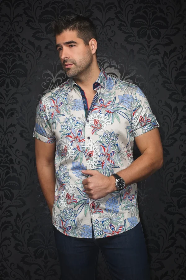 Corrado | Stone| Blue | Floral | Short Sleeved Shirt